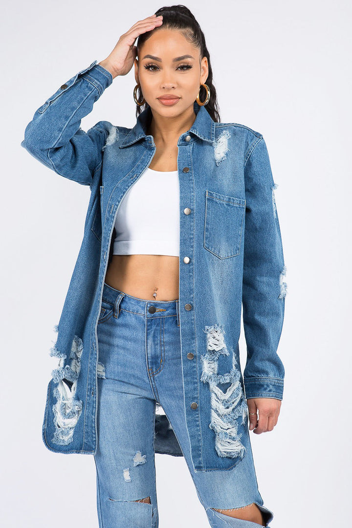 Stilla | Bazi Distressed Knap Ned Denim Skjorte Jakke