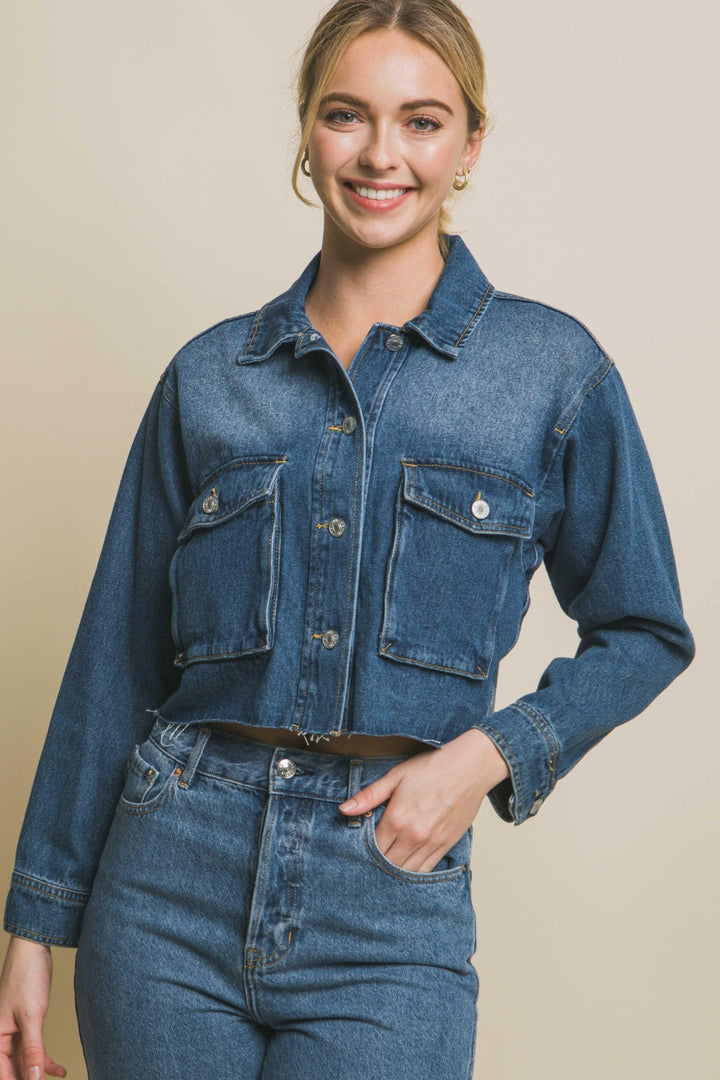 Stilla | Tree Raw Hem Button Up Cropped Denim Jakke