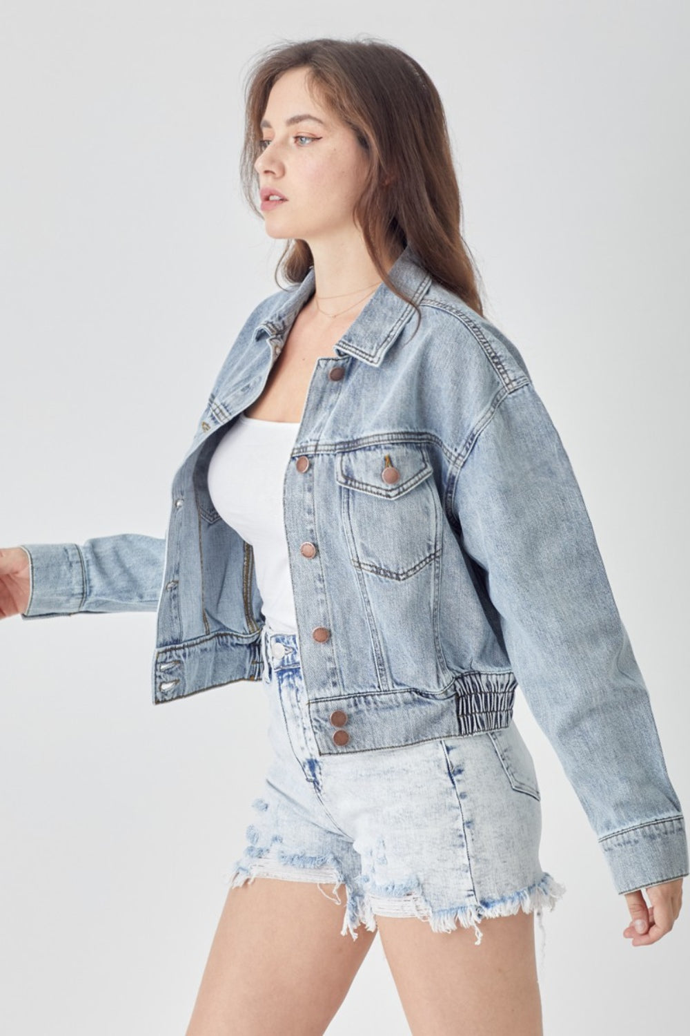 Stilla | Full Size Knap-Ned Cropped Denim Jakke