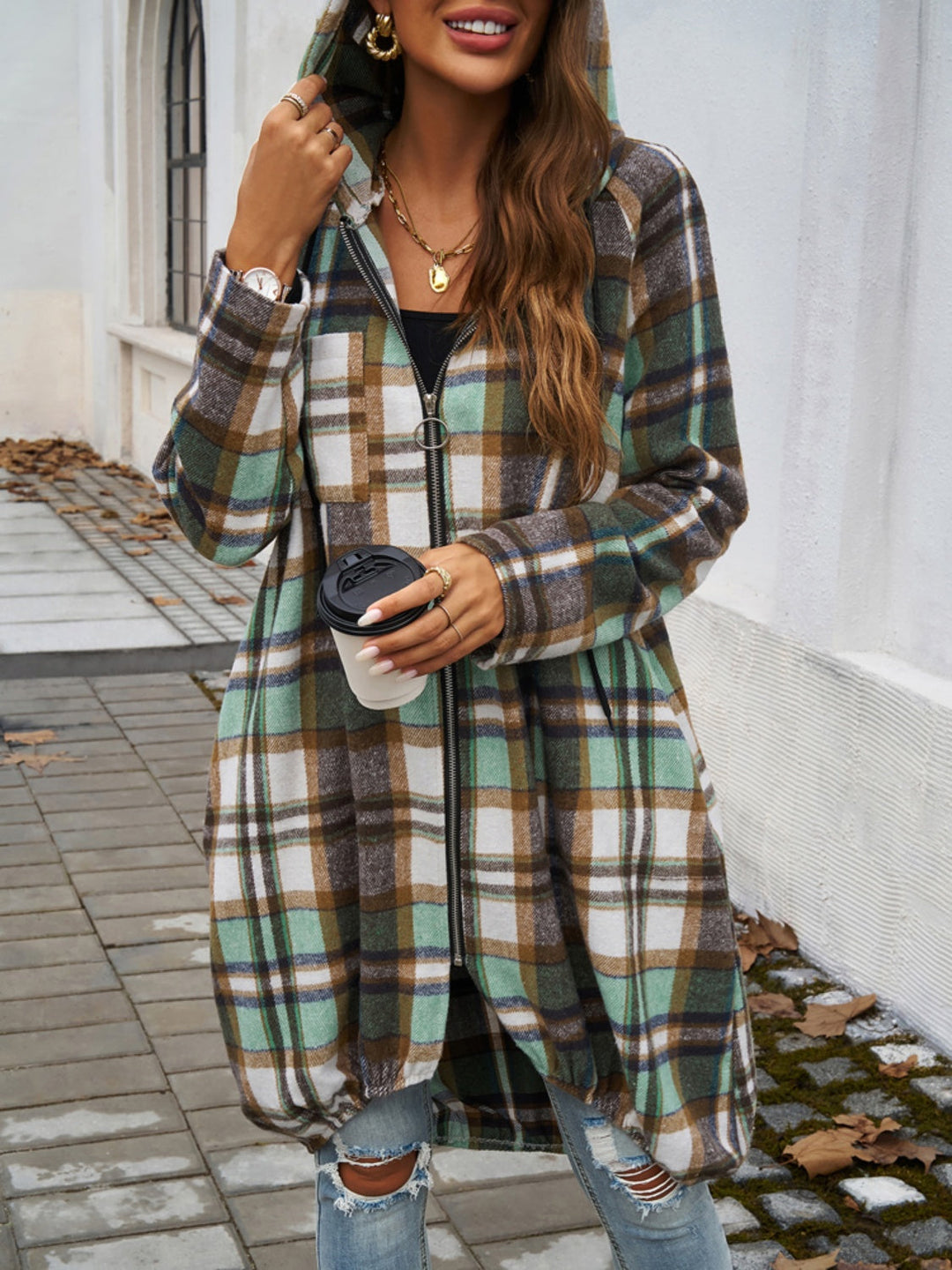Stilla | Plaid Zip Up Hooded Coat