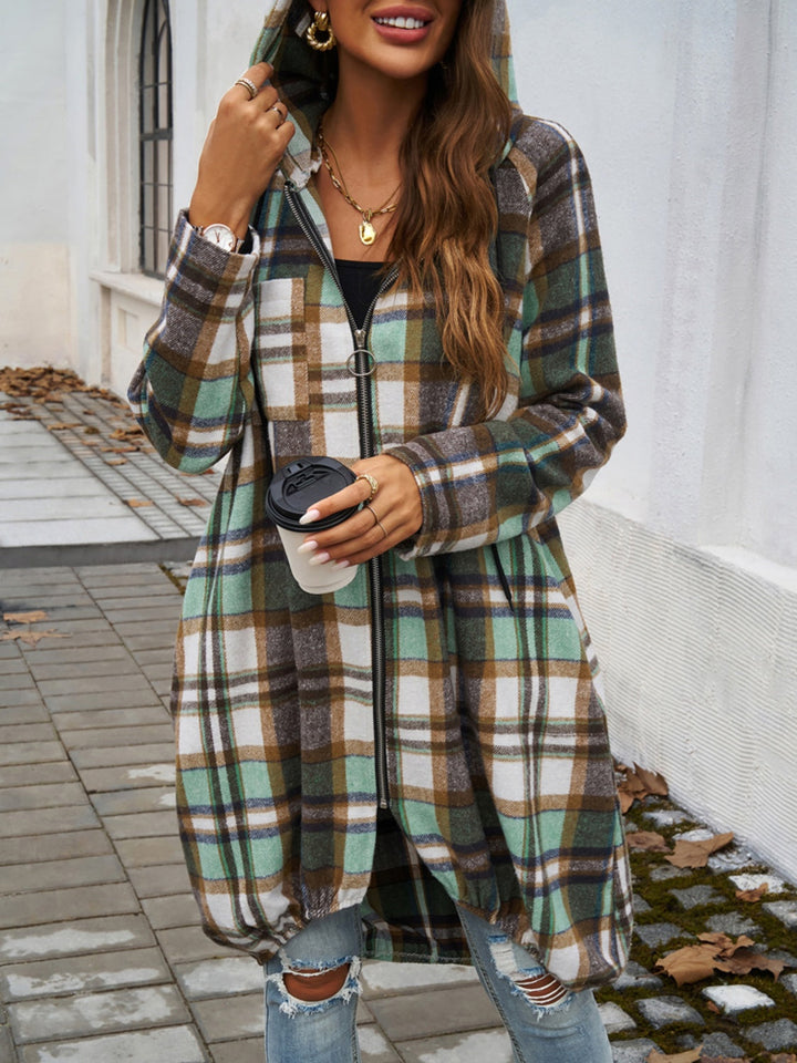 Stilla | Plaid Zip Up Hooded Coat