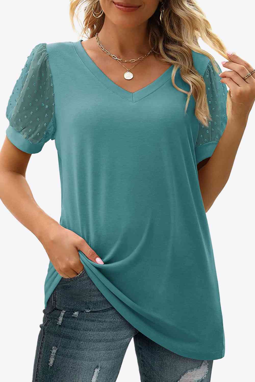 Stilla | Dot Puff Sleeve V-hals Tee