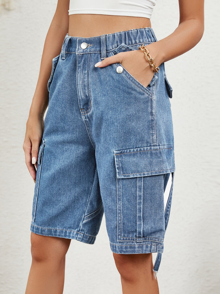 Stilla | Elastisk Talje Denim Shorts med Lommer