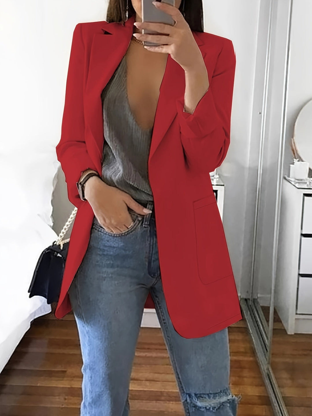 Stilla | Elegant Erhverv-Enfarvet Lang Blazer med Revers ideel til alle årstider