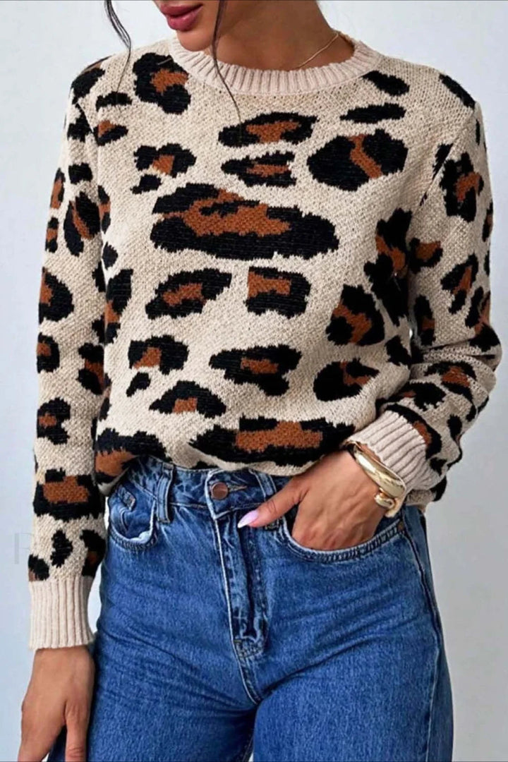 Stilla | Pullover med rund hals og leopardmønster i blokfarver