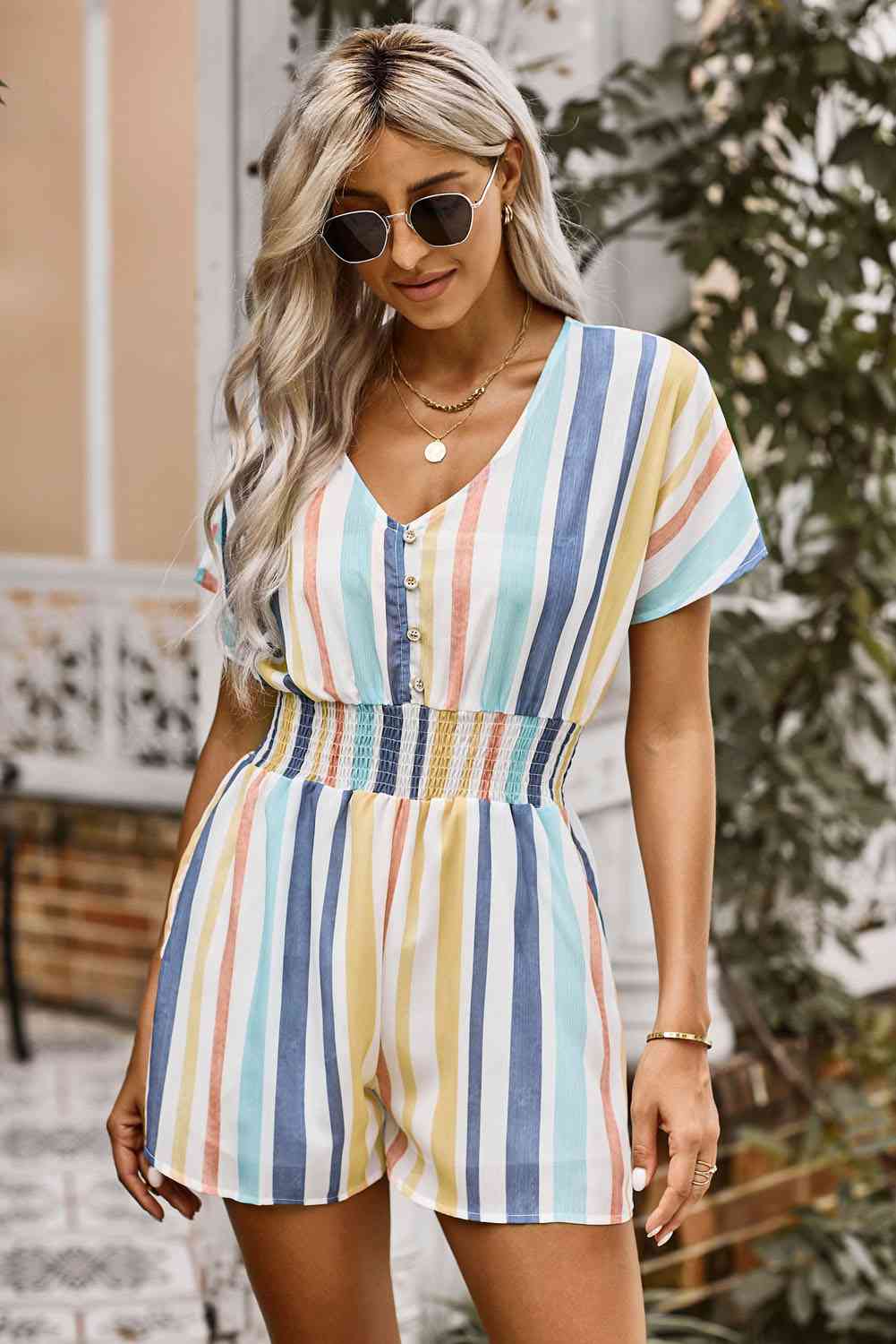 Stilla | Stripe V-hals Smocked Talje Romper