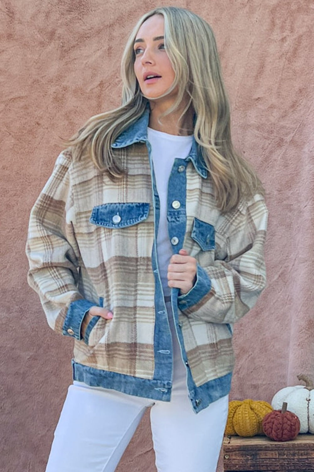 Stilla | The Why Full Size Vasket Denim Detalje Børstet Plaid Jakke
