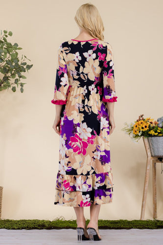 Stilla | Plus Size Blomster Ruffle Midi Kjole
