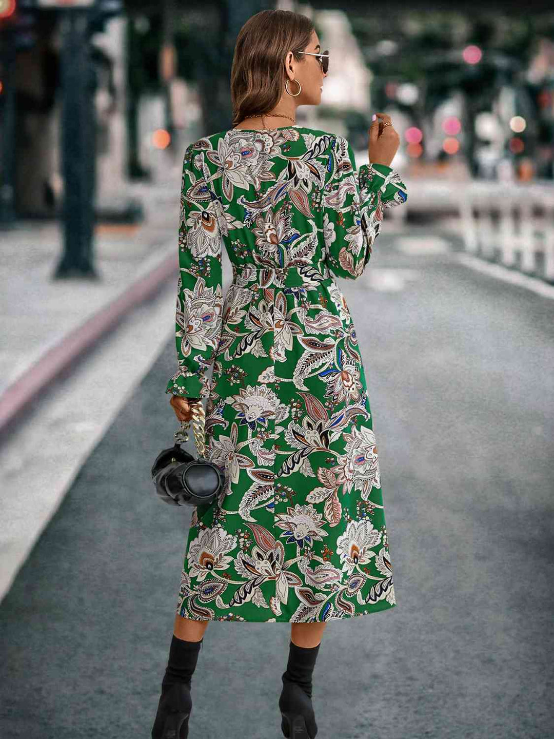 Stilla | Tie Front Surplice Flounce Sleeve Dress