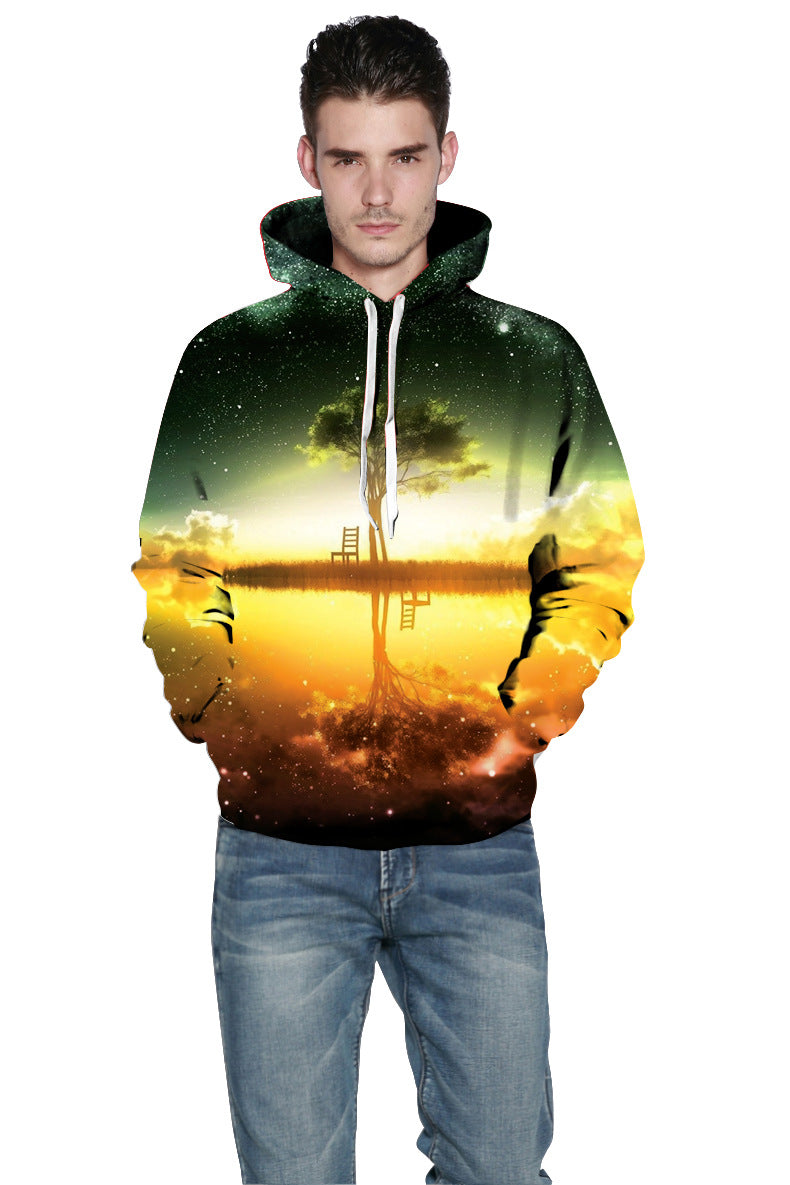 Herrer hoodie med kunstnerisk landskabsdesign og 3D-effekt Stilla