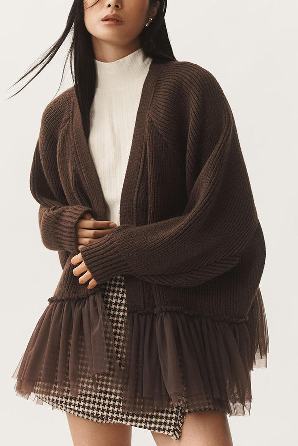 Stilla | Strik Cardigan med Mesh Flæse og Lange Ærmer