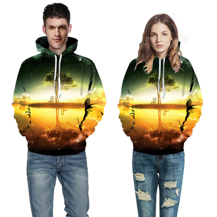 Herrer hoodie med kunstnerisk landskabsdesign og 3D-effekt Stilla