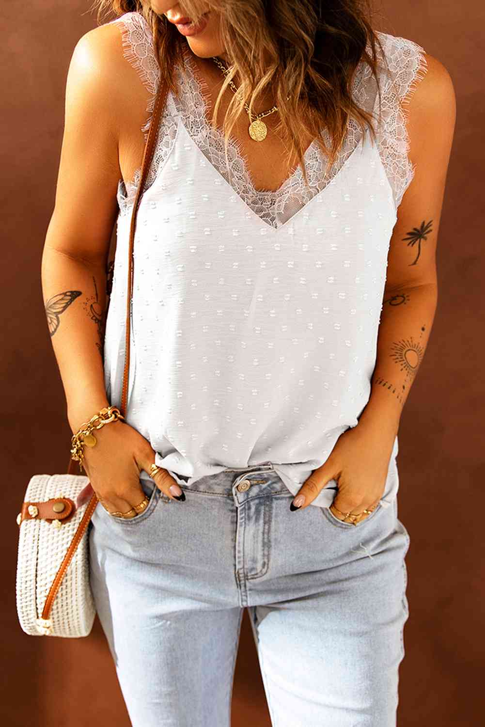 Stilla | Swiss Dot Blonde Kant Trim V-hals Tank