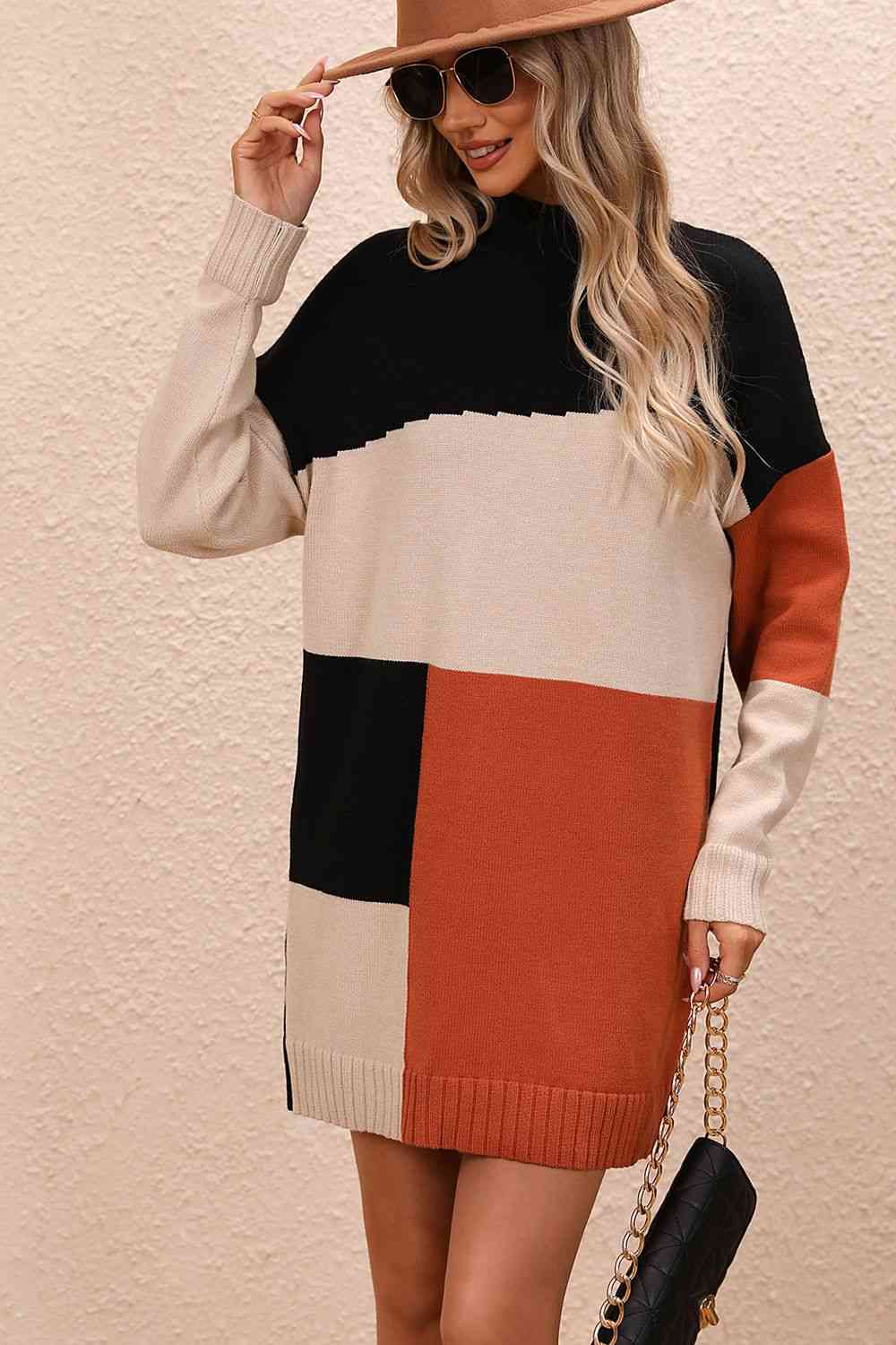 Stilla | Block Mock Neck Drop Shoulder Sweater Dress