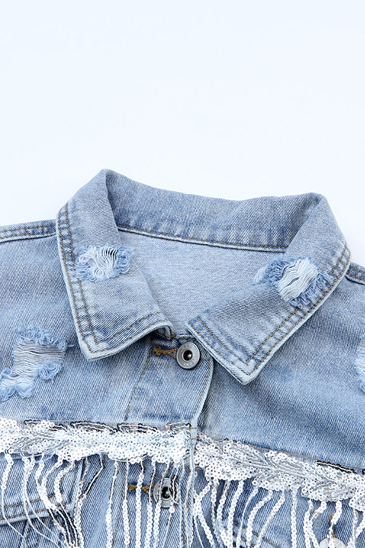Stilla | Frynse trim distressed knap-up denimjakke