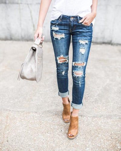 Dame Slim-Fit Jeans i Used-Look med Revner Stilla