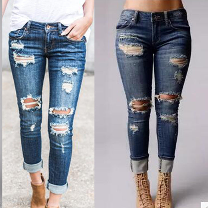 Dame Slim-Fit Jeans i Used-Look med Revner Stilla