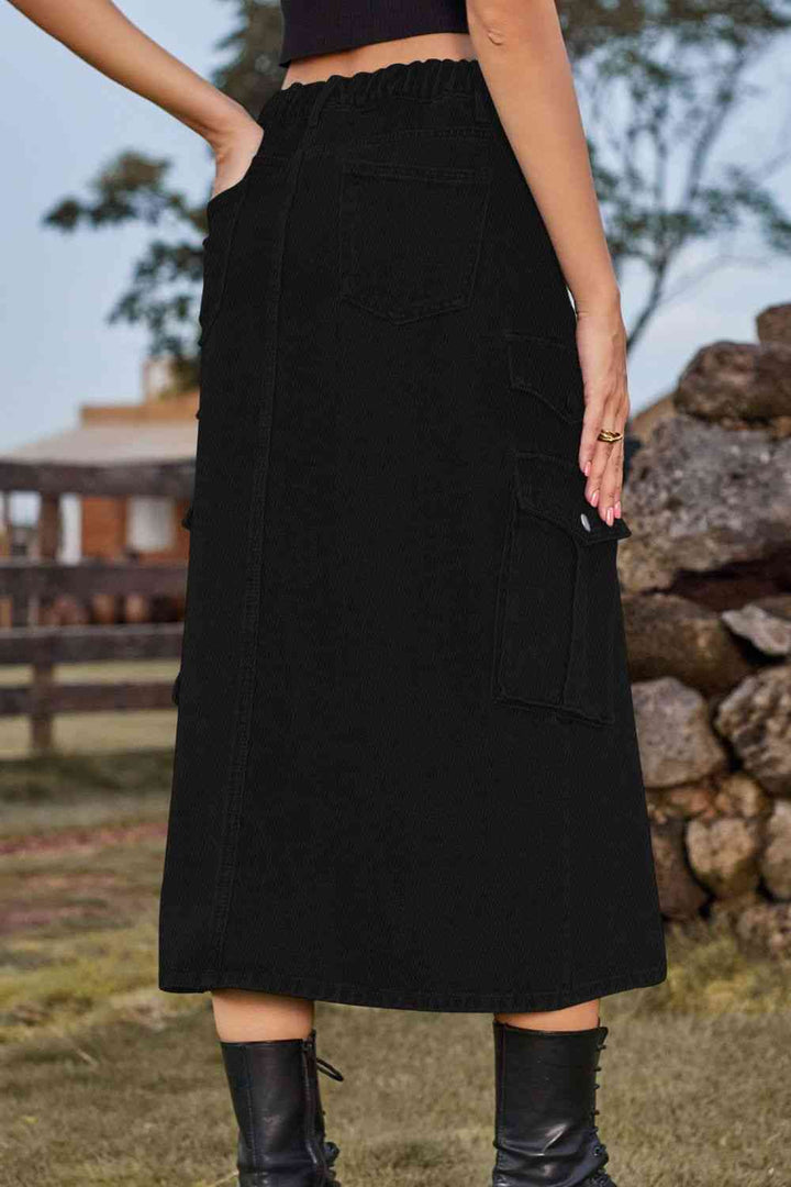 Stilla | Front Midi Denim Skirt Med Lommer
