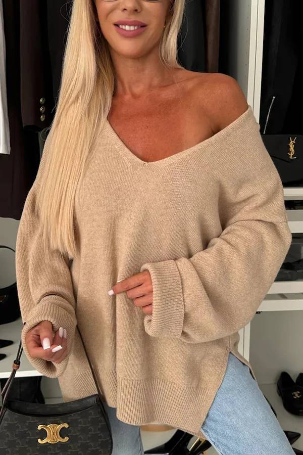 Stilla | Pullover Strikket Til Koldt Vejr, Ensfarvet, Lange Ærmer, Uregelmæssig Og Løs V-hals Pullover