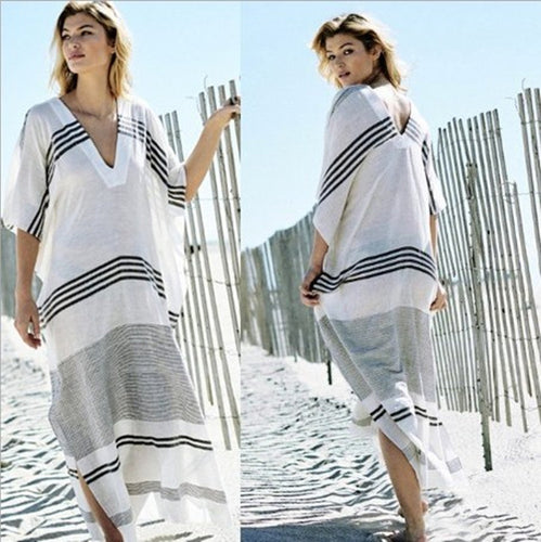 Dame elegant Strandkimono med stribemønster og dyb V-udskæring Stilla