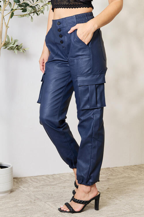 Stilla | Høj Talje Faux Læder Cargo Joggers