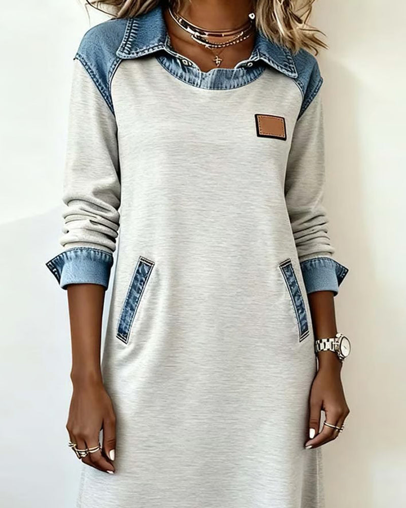 Stilla | Kjole med revers i denim patchwork