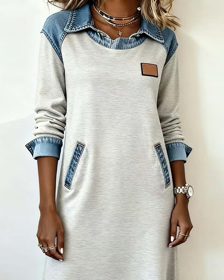 Stilla | Kjole med revers i denim patchwork