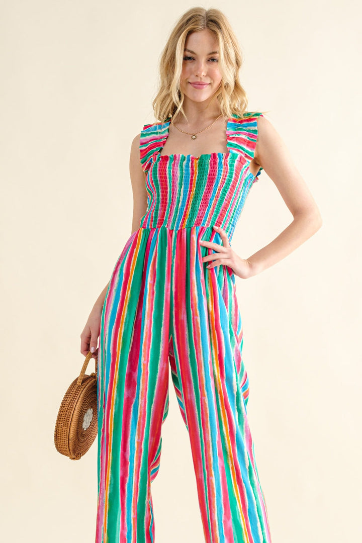 Stilla | the Why Full Size Striped Smocked Sleeveless Jumpsuit