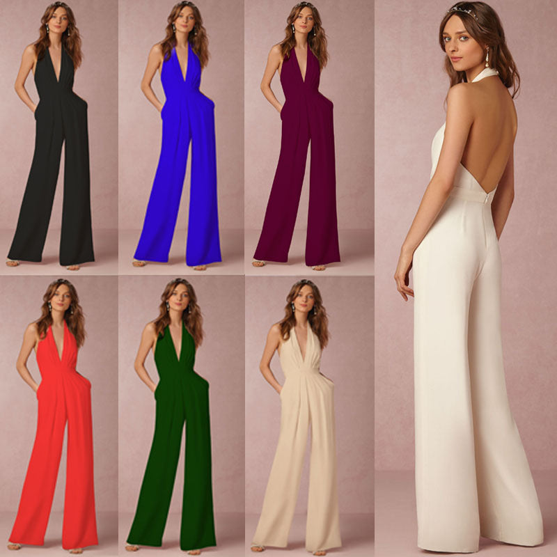 Damer elegant jumpsuit med dyb V-udskæring og bred ben silhuet Skovae