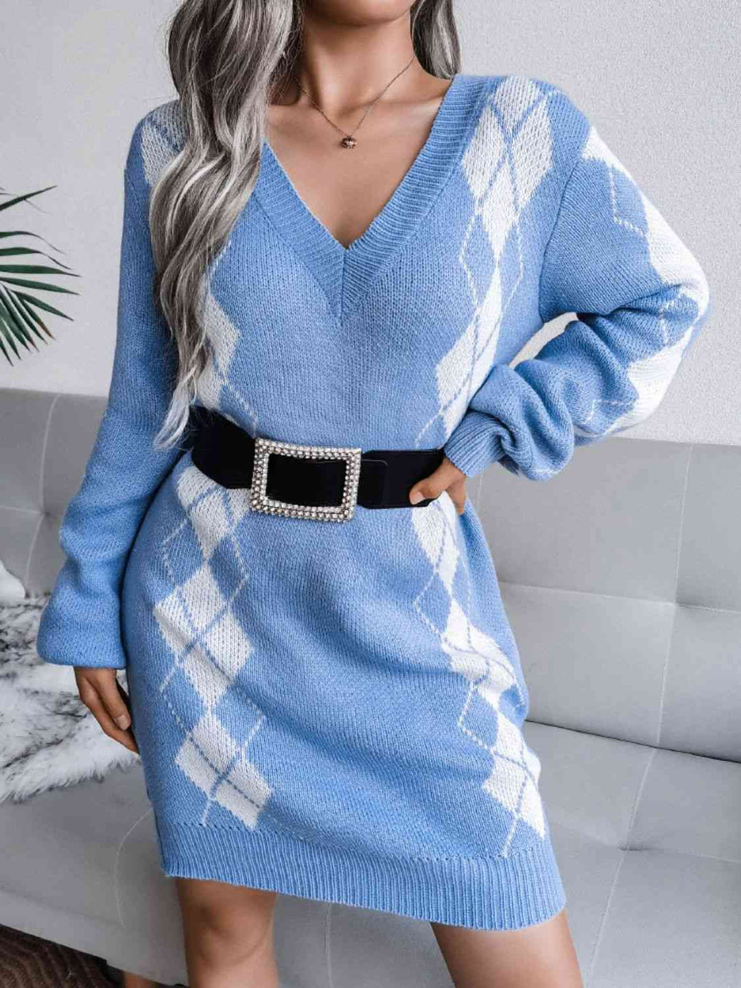 Stilla | Højre Argyle V-hals Ribbet Kant Sweater Kjole