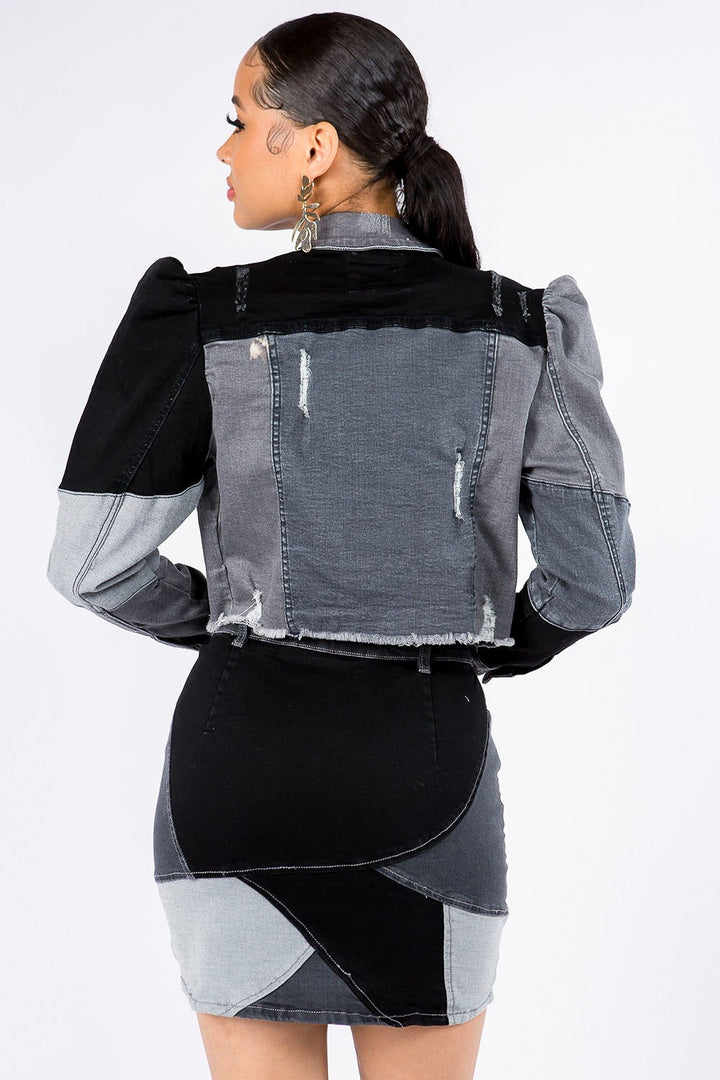 Stilla | Bazi Button Up Cropped Patchwork Denim Jakke