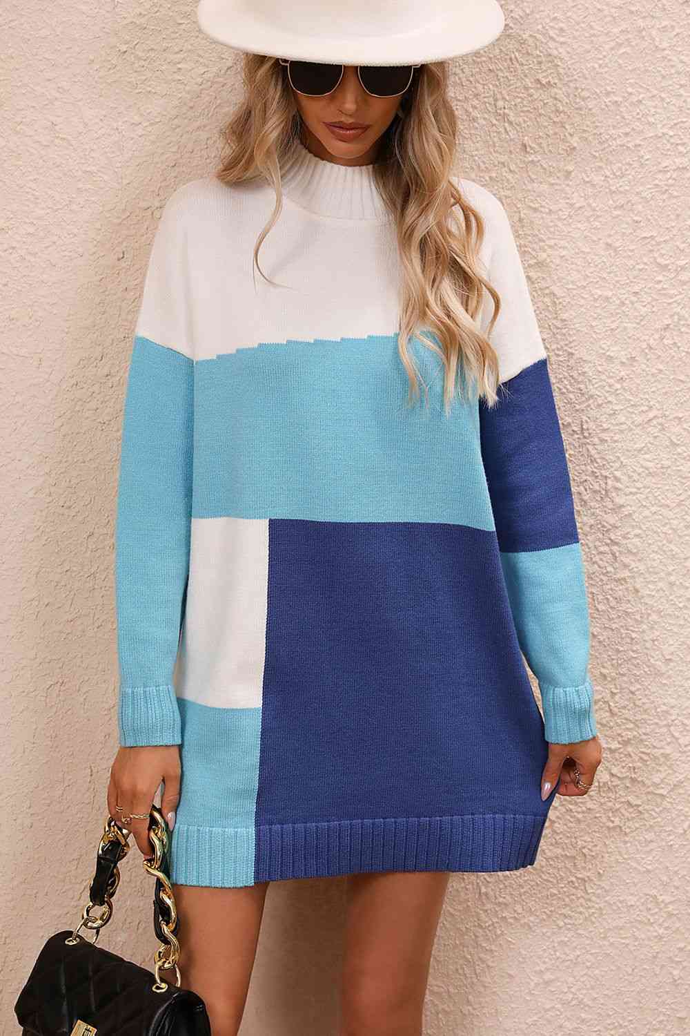Stilla | Block Mock Neck Drop Shoulder Sweater Dress