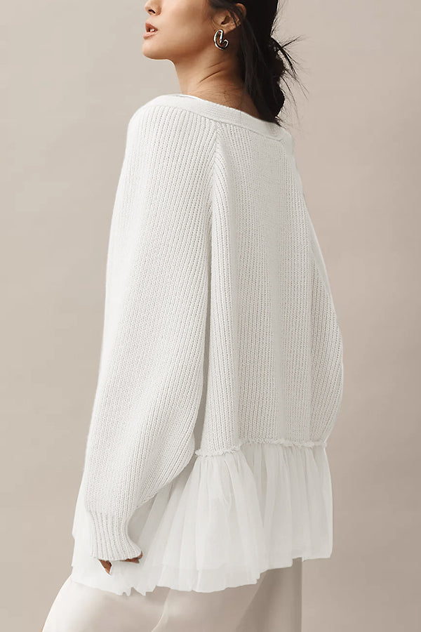 Stilla | Strik Cardigan med Mesh Flæse og Lange Ærmer