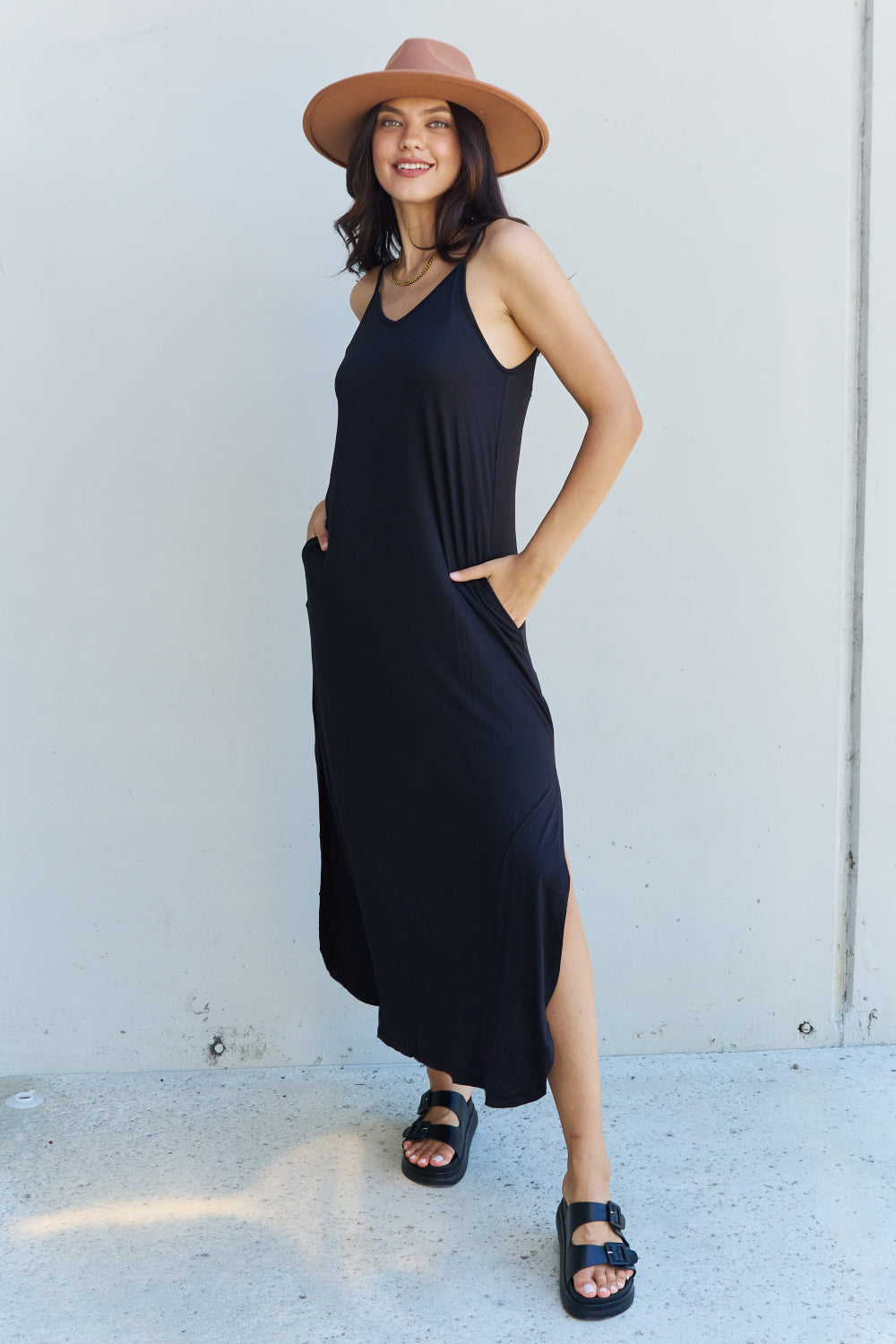 Stilla | Good Energy Full Size Cami Side Slit Maxi Dress I Sort