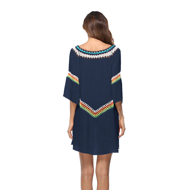 Dame lette strandkaftan med farverige broderidetaljer Skovae