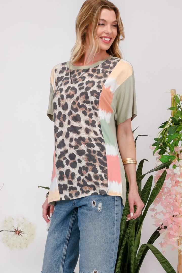 Stilla | Full Size Leopard Farveblok T-Shirt