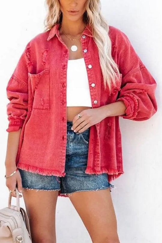Stilla | Revers Langærmet Ripped Denim Jakke