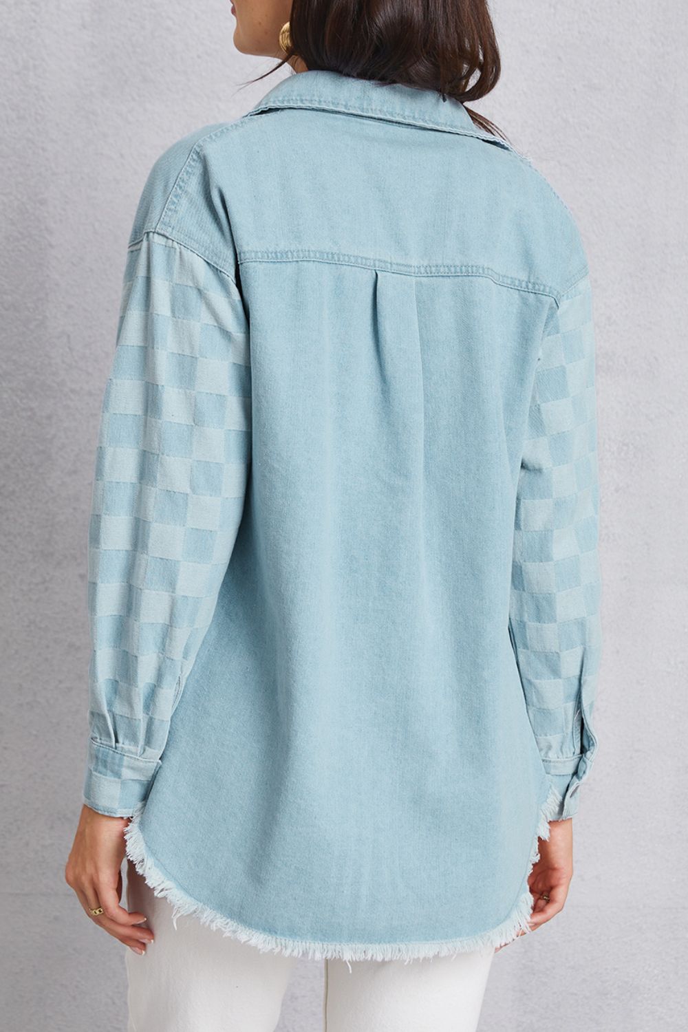 Stilla | Hem Tjekket Faldet Skulder Denim Jakke