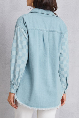 Stilla | Hem Tjekket Faldet Skulder Denim Jakke