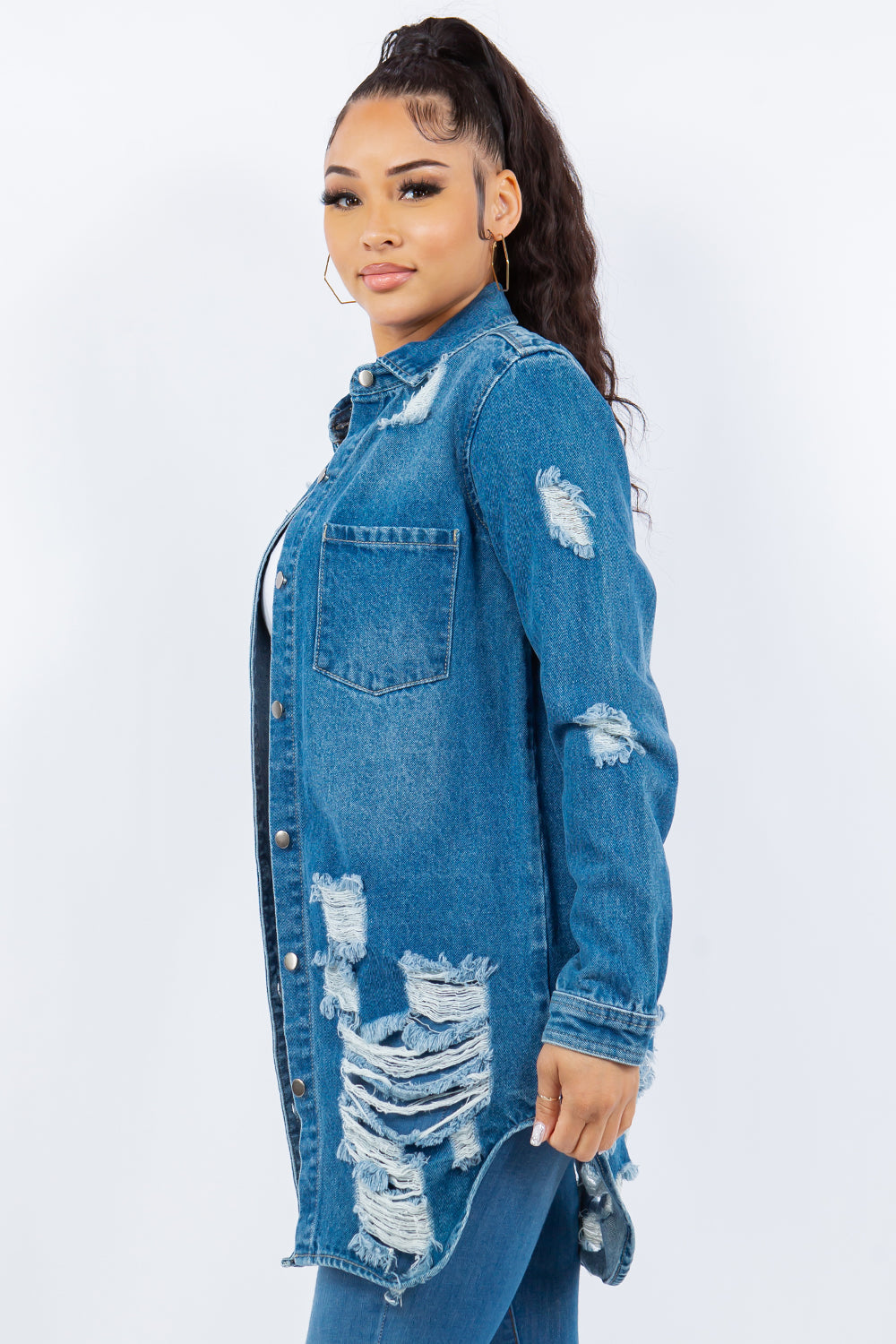 Stilla | Bazi Distressed Knappet Langærmet Denimjakke