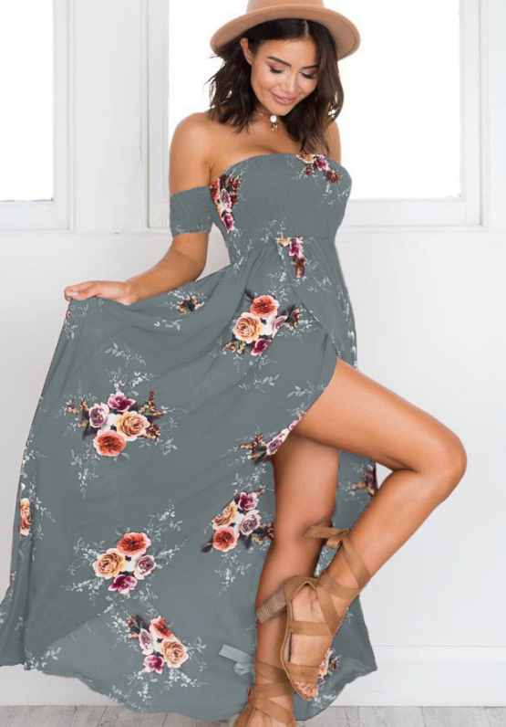 Stilla | Lang Boho Kjole med Blomsterprint til Damer, skulderfri, Forår