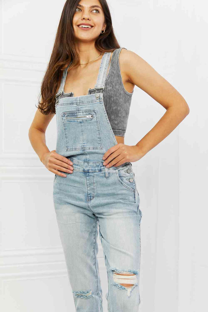 Stilla | Blue Melina Full Size Distressed Straight Leg Overalls