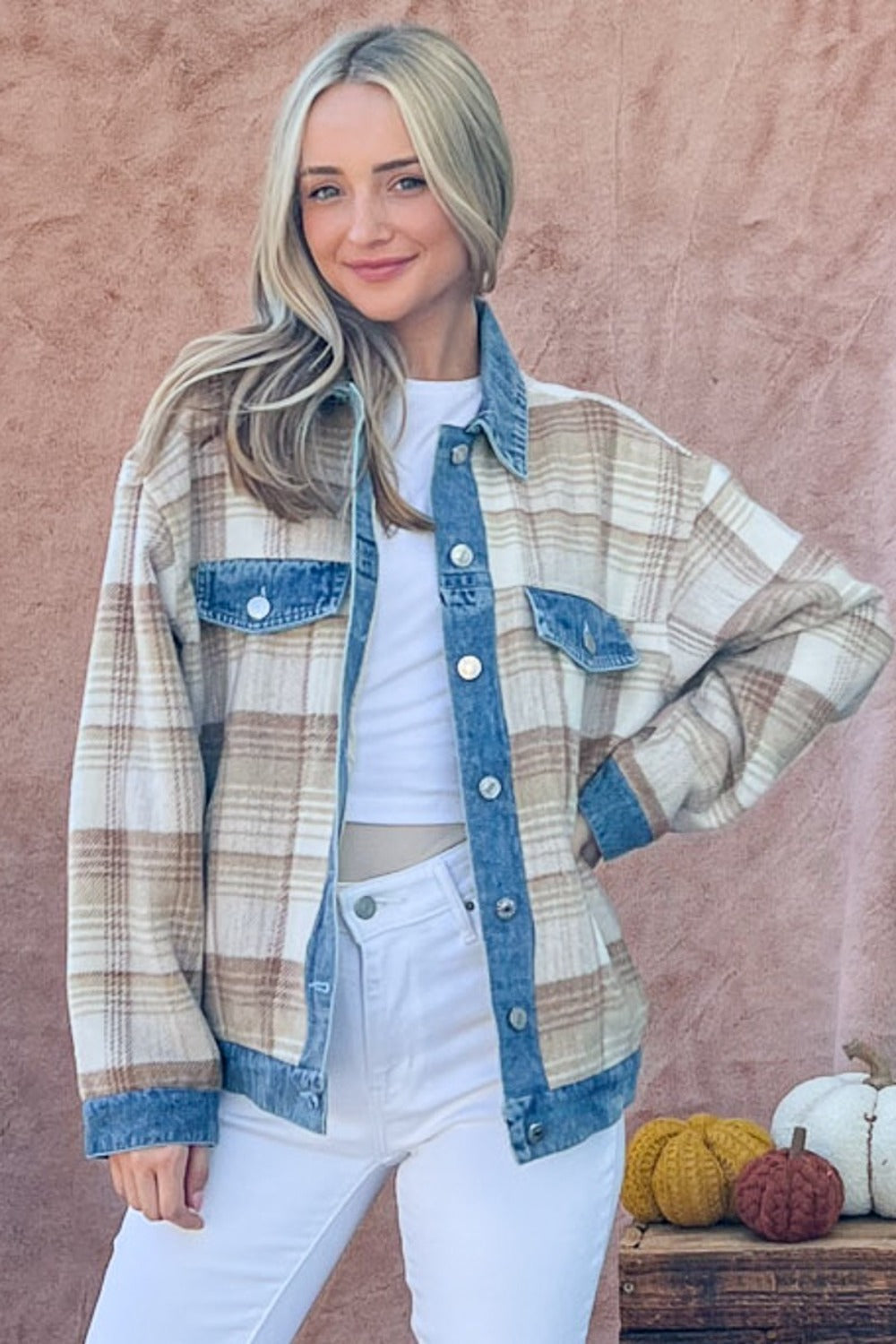Stilla | The Why Full Size Vasket Denim Detalje Børstet Plaid Jakke