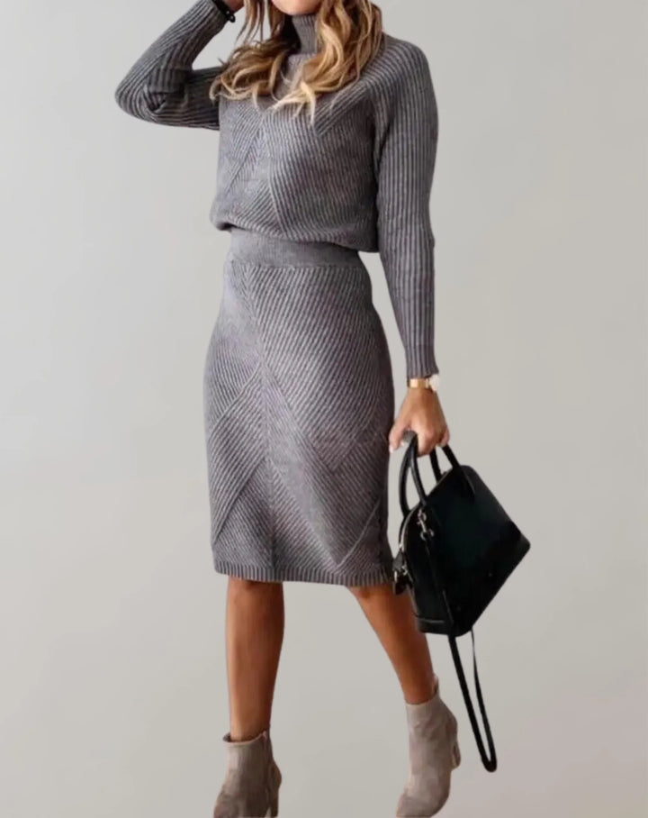 Stilla | Sæt Ribbet To-delt Slim Fit Rullekrave Sweater og Midi Nederdel