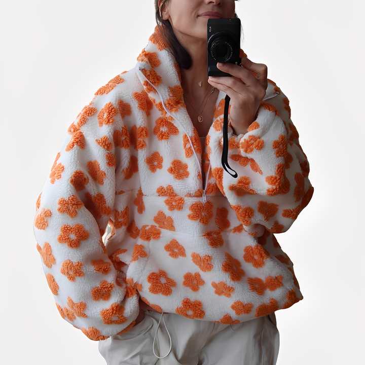 Stilla | Dame-Sherpa-Trøje med Stilfuldt Blomsterdesign