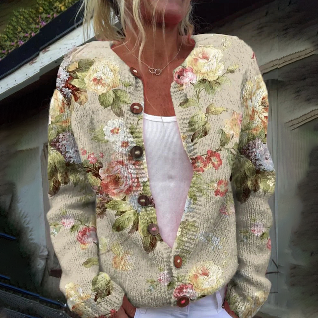 Stilla | Elegant Strikjakke Med Lange Ærmer Og Uden Krave I Det Blomstrede Mønster