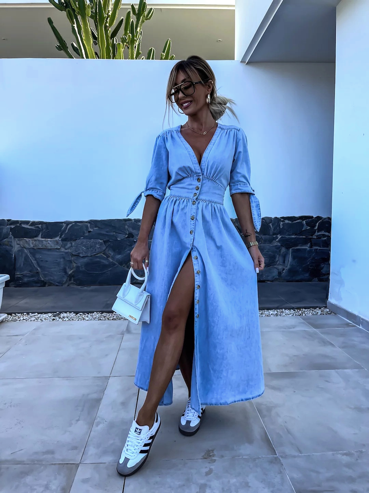 Stilla | Lang Chambray Kjole Med Splittet Foran