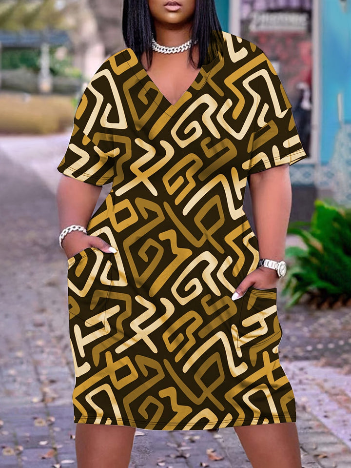Stilla | Plus Size Kjole Med Striber Og V-Hals S Og Korte Ærmer Elegant