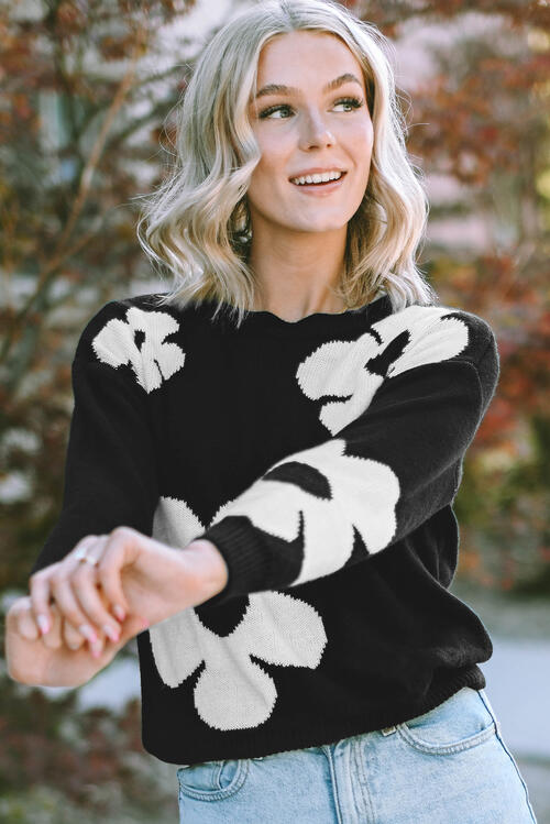 Stilla | Hals Blomstermønster Farve Kontrast Design Langærmet Sweater