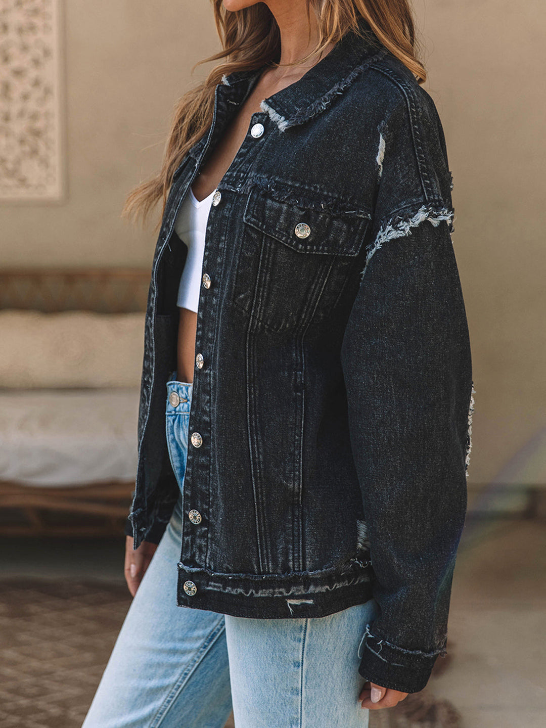 Stilla | Up Raw Hem Distressed Denim Jakke